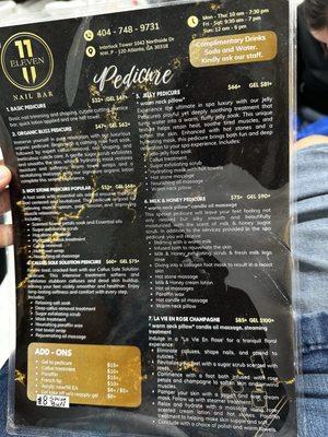 Pedicure menu