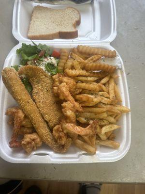 Fried Fish, Shrimps, Fries, & Salad.