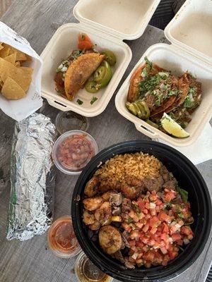Quesabirria, 2 birria tacos, steak burrito and steak and shrimp burrito bowl with chips