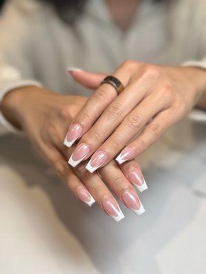 French tip coffin acrylics with pearl chrome