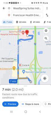 Route from extended stay to nearest ER