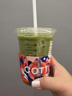 Iced matcha latte with oat milk