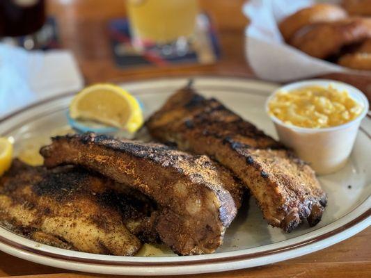 Cajun dry rubbed spare ribs with blackened catfish