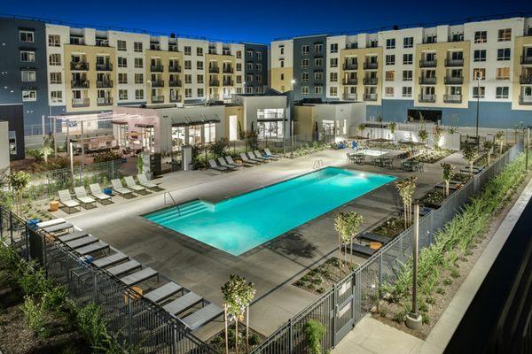 Twilight photo of pool.