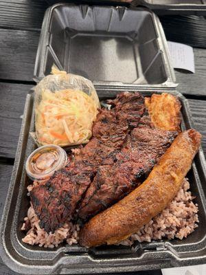 Carne Asada, gallo pinto, queso frito, ensalada and Maduros
