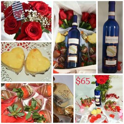 $65 1 bottle Bartenuar Moscato 2 Godiva Caramels 2 Individual Cheesecakes or Chocolate cakes 6 Roses 12 Chocolate Covered Strawberries