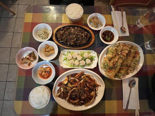 Top: Beef Bolgolgi Middle: Shumai Bottom: Spicy Squid Right: seafood pancakes  Price - was about $52 I believe.