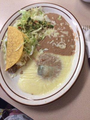 Lunch #1 Chile Relleno, Taco, guacamole salad, choice of rice or beans.