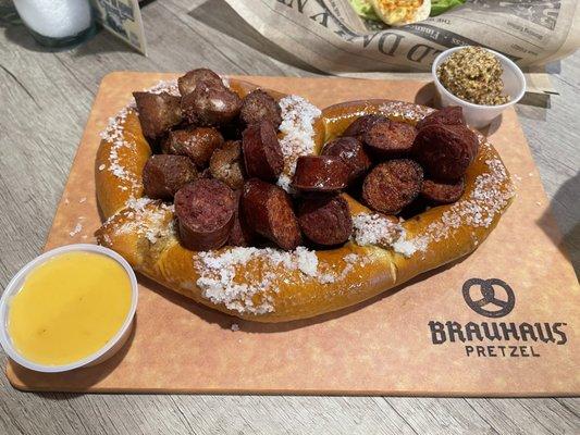 Pretzel and 3 different sausage bites. SO GOOD!