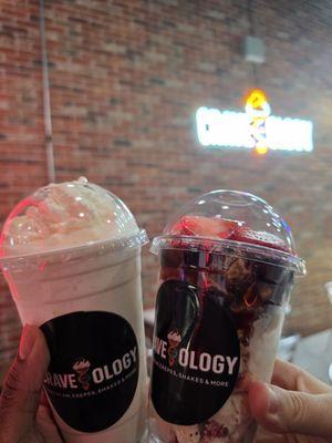 Milkshake and an ice cream creation with strawberry cheesecake
