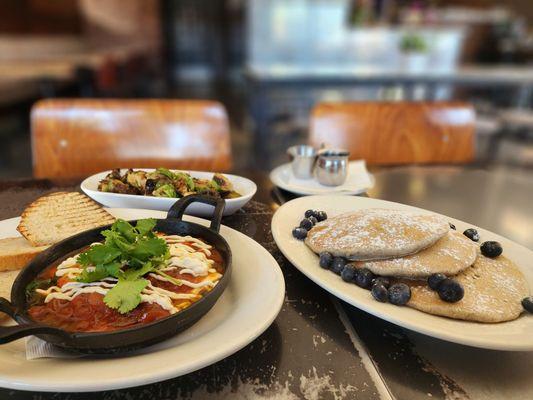 Shakshouka, Brussel Sprouts, & Buckwheat Pancakes