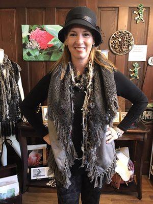 Fringed microsuede vest, handmade scarf, felt hat SOLD OUT