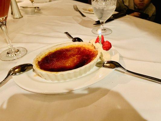 Complementary birthday dessert. Crème brûlée