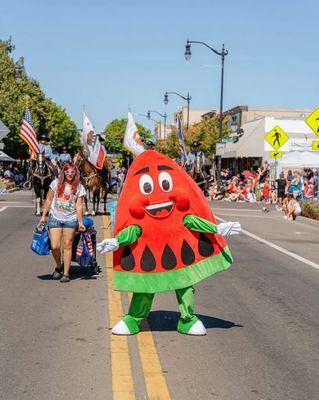 Wally the Watermelon, Manteca Watermelon Street Fair Mascot, at the 4th of July parade 2025