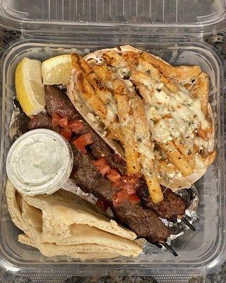 Beef kebab, Greek fries, pita, tzatziki