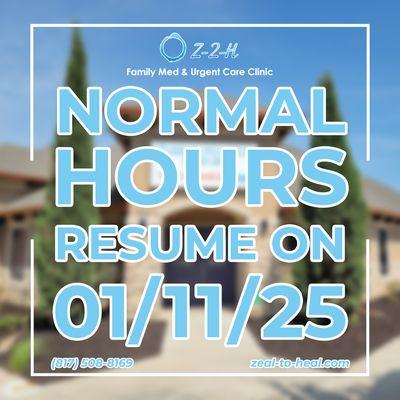 Z2H Clinic: Normal hours resume 1/11/25! Snow's gone, and we're here to care for you.