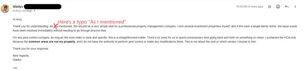 6.Ashleigh is so "professional" that she doesn't even know common walls fall under HOA responsibility--she only knows how to collect fees.