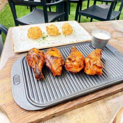 Black Tea Brined Wings (front) & Shrimp Fritters (back)