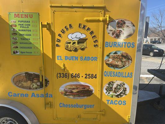 The menu of the side of the truck, as well as the phone number