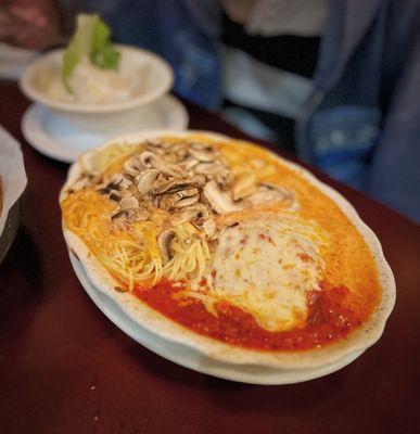 Pasta Sampler with angel hair, gnocchi, pink sauce and mushrooms added. Their gnocchi is some of the best I've had!