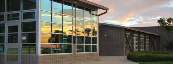 The CSUDH College of Extended and International Education Registration Office, left; Classroom Bldg, right.