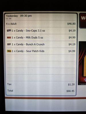 An itemized list of things purchased at Regal Cinemas in Mashpee Commons.