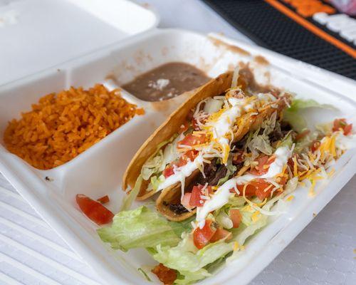 Two Taco plate with beef hard shell tacos / take-out