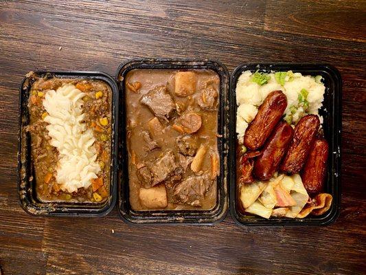 Shepherds Pie, Guinness Beef Stew,  Bangers and Mash