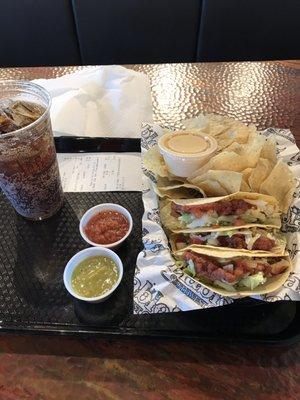 3 Beef Taco - Chips - Side Queso - Mild salsas - Coca-Cola