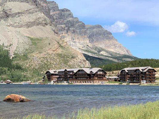 Along the hike, looking back upon beautiful Many Glacier Hotel and the mountains.