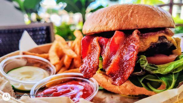 "Marriott Burger". Charbroiled 1/2 lb Beef Patty, Bacon + Cheddar Cheese w/ French Fries.
