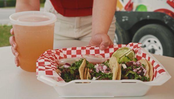 Steak tacos with an Agua de Tamarindo