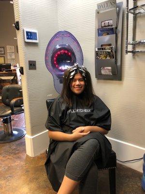 Nora working on a new do.