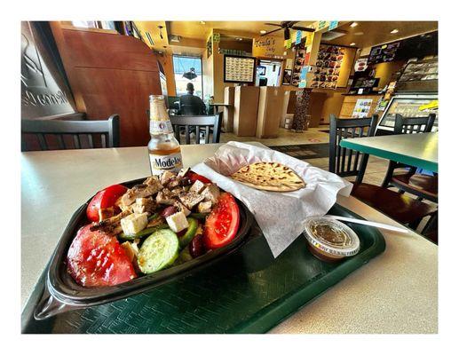 Greek Salad w/Chicken & Modelo @ Biggies . 6004 Oakton St, Morton Grove, IL Beef Hotdogs Burgers Salads Gyros etc. Cool!