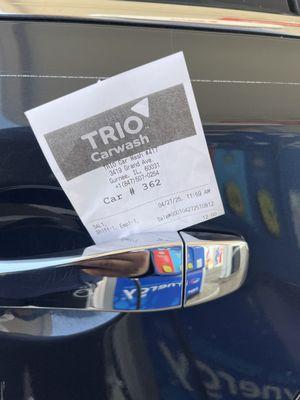 My super clean car and receipt from my 1st visit!