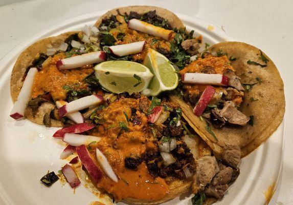 4 yummy tacos but not enough filling: pollo, barbacoa, veggie, al pastor