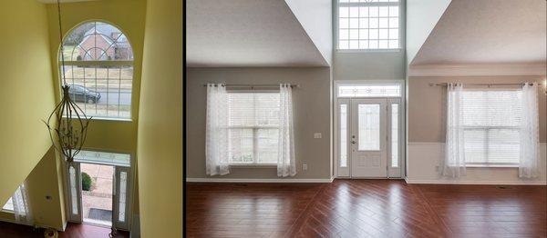 A gorgeous neutral completely changes the personality of this tall foyer.