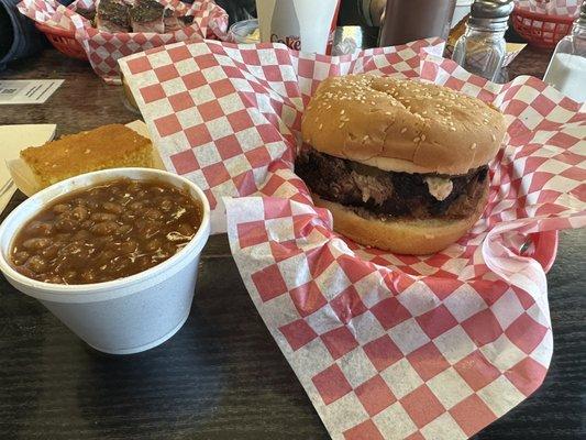Brisket Sandwich, baked beans & corn bread