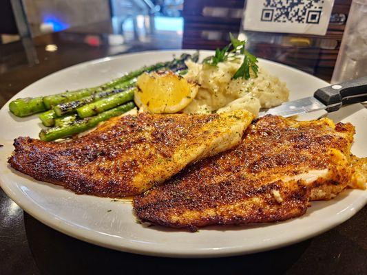 Blackened catfish with garlic mashed potatoes and grilled asparagus