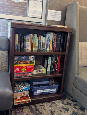 One of the workers donates books and there are games too.