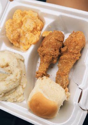 5.99 plate cheesy potatoes chicken legs mashed potato's and roll