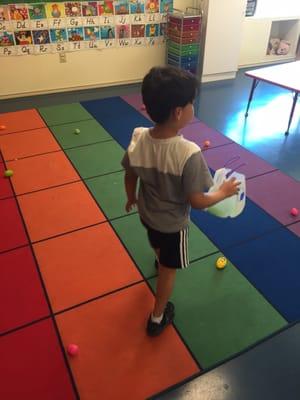 He got to have the same experience inside.He was accommodated for arriving later. He's never participated in an egg hunt before.