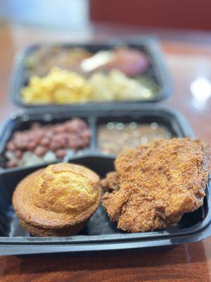 Fried chicken, cornbread, beans, and rice