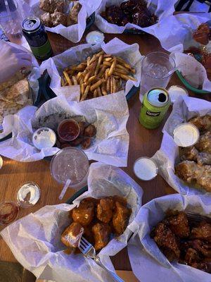 Boneless wings, fries, fried pepperoni, chicken quesadilla
