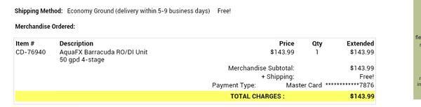 Reciept for 4 Stage AquaFX Barracuda RO/DI unit.