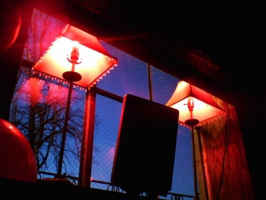 red lights. blue sky.