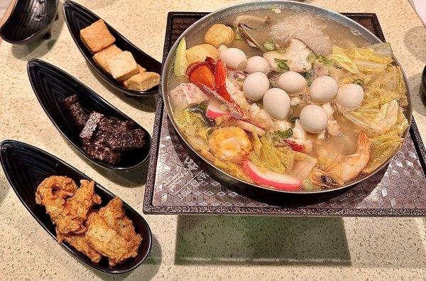 Seafood Lobster with original broth, $21.99 Fish tofu, pork blood rice cake, tempura, $4.70 each Quail Egg, $3.00