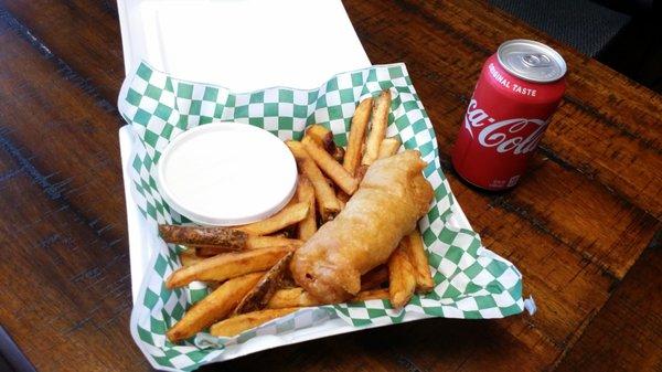 1-Piece Fish and Chips. Beer Battered Cod Fish and our Hand Made Seasoned Fries. Accompanied with Tartare Sauce.