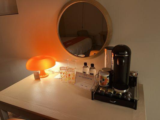 The little coffee and water area.