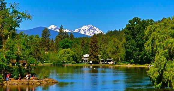 View of Mt Bachelor from the Deschutes River downtown Bend
